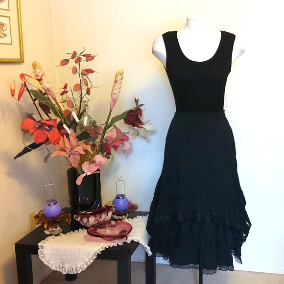 NWT Women Black 3-Layers of Tiered Ruffle Lace Design Midi Skirt L 12 - Picture 2 of 11